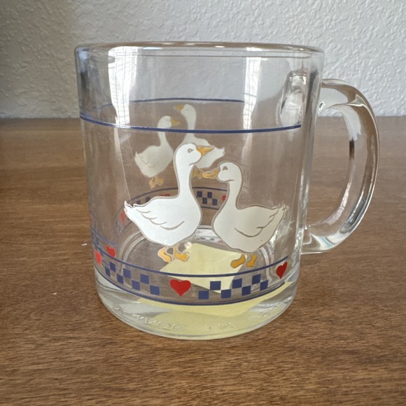 Libbey Other - Vintage Libbey Country Geese Coffee mug  glass checkered & Hearts Made in USA.